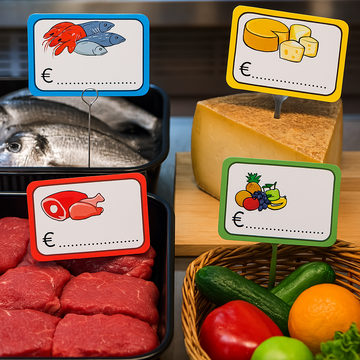 Cartellini gastronomici, blu, giallo, rosso e verde messi su vari alimenti: blu pesce, giallo su formaggio, rosso su carne e verde su verdura